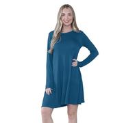 janisramone® Damen-Minikleid, einfarbig, A-Linie, ausgestelltes Skaterkleid, dehnbares Sommerkleid, Swing-Mini-Top, lässig, Rundhalsausschnitt, langärmelig, Kleider für Damen, Partykleidung, blaugrün,