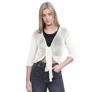 janisramone® Damen-Strickjacke, Doppel-Feinstrick, 3/4-Ärmel, Schnürung vorne, Bolero-Cardigans für Damen, dehnbar, bauchfrei, leicht, Sommer-Bolero, Abend-Tops, cremefarben, Einheitsgröße
