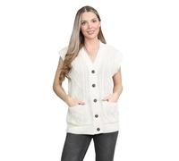 janisramone Damen Strickjacke mit Zopfmuster, ärmellos, Großvater, V-Ausschnitt, Knopfleiste, cremefarben, 38-40