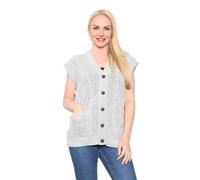 janisramone Damen-Strickjacke mit Zopfmuster, ärmellos, V-Ausschnitt, Knopfleiste, Winterpullover, grau, 46/48/Große Größen