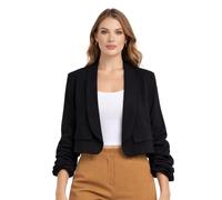 janisramone® Elegant schlichte Cropped-Blazer für Damen UK, geraffte, gefütterte Damenjacken Crop Top, stilvolle offene, kragenlose Freizeit-Party-Büro-Kleidung, Cropped-Cardigan mit vorderen Taschen