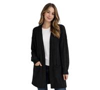 janisramone Gewellte Grobstrick-Cardigans für Damen, lässig, knielang, vorne offen, Damen-Strickjacke mit 2 Taschen, lange Ärmel, Zopfstrick, Damen-Strickwaren, schwarze Strickjacke, Größe 38-46