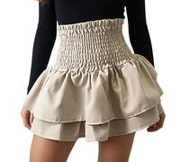 janisramone RARA Damen-Minirock mit Rüschen, hohe elastische Taille, kariert, Faltenrock, elegante Damen-Tartan-Röcke für Freizeit und Party, Größe 36-42, stone, 38-40