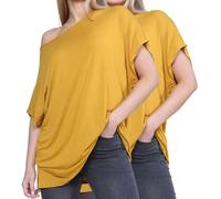 janisramone® Schulterfreie Oberteile für Damen, 2 Stück, Fledermausärmel, übergroße T-Shirts für Damen, einfarbig, bardot schulterfrei, lässig, Baggy-T-Shirts, Partykleidung, senffarben, 54/56/Große