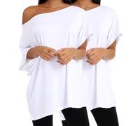 janisramone® Schulterfreie Oberteile für Damen, 2 Stück, Fledermausärmel, übergroße T-Shirts für Damen, einfarbig, bardot schulterfrei, lässig, Baggy-T-Shirts, Partykleidung, weiß, 50/52/Große Größen