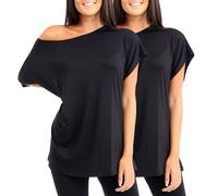 janisramone® Schulterfreie Oberteile für Damen, 2 Stück, Fledermausärmel, übergroße T-Shirts für Damen, einfarbig, bardot schulterfrei, lässig, Baggy-T-Shirts, Partykleidung, Schwarz , 54/56/Große