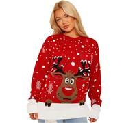 Janisramone® Weihnachtspullover Damen Strick Rentier Merry Christmas Sweater, Weihnachtspulli Damen Langarm Rundhals Rudolph Weihnachtsjumper für Frauen