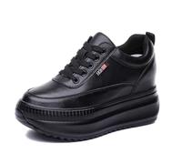 JAOOUU Damen Sneaker mit Keilabsatz Bequeme Turnschuhe mit Wedges aus Leder Modische Plateausohle Innere 9CM Erhöhung Schuhe für Frauen Freizeitschuhe Schwarz 34EU