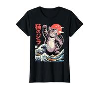 Japanese Cat Art Monster Wave Funny Cat for Men Women Kids Preisgünstiges Grafik-T-Shirt, Damen, Schwarz, L