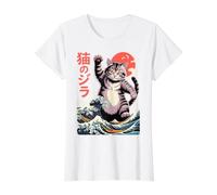 Japanese Cat Art Monster Wave Funny Cat for Men Women Kids Preisgünstiges Grafik-T-Shirt, Damen, Weiß, XL