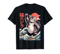 Japanese Cat Art Monster Wave Funny Cat for Men Women Kids Preisgünstiges Grafik-T-Shirt, Herren, Schwarz, XL