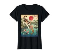 Japanische Calico Katze Koi Fisch Teich Kirschblüte Red Moon Preisgünstiges Grafik-T-Shirt, Damen, Schwarz, L