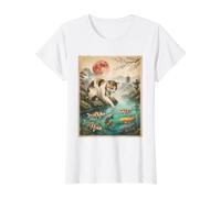 Japanische Calico Katze Koi Fisch Teich Kirschblüte Red Moon Preisgünstiges Grafik-T-Shirt, Damen, Weiß, L
