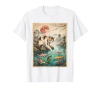 Japanische Calico Katze Koi Fisch Teich Kirschblüte Red Moon Preisgünstiges Grafik-T-Shirt, Herren, Weiß, M