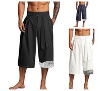Japanische Hose Herren, Japanische Hose Taro Herren Japanese Pants Traditionelle Leinen Japan Komforthose Baggy 7/8 Hosen Kimono Gerades Bein Leinenhose Kordelzug Sommerhose Große Größe Schwarz L