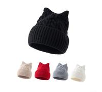 Japanische Katzenohren-Beanie-Mütze für Damen und Mädchen, gestrickter Acrylstoff, Winter, warm, weich, Stretch, Passform für den täglichen Gebrauch (Beige)