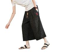 Japanische Kimono Traditionelle Shorts Herren Badehose Casual Lose Japan Style Yukata Leinen Weite Bein Hose DK59 Schwarz XL 65 bis 71 kg