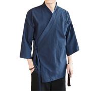 Japanische Männer Strickjacke Kimono Traditionelle Samurai Kleidung Streetwear Yukata Männliches Hemd Haori Herren Kimono Shirt Navy L
