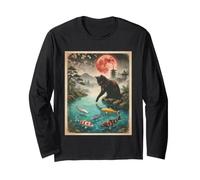 Japanische Schwarze Katze Koi Fisch Teich Red Moon Sakura Vintage Langarmshirt