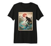 Japanische Schwarze Katze Koi Fisch Teich Red Moon Sakura Vintage Premium T-Shirt