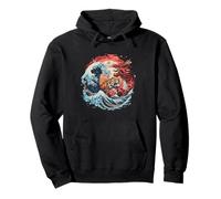Japanisches Logo Yin Yang Tiger Dragon Mount Fuji Ocean Wave Pullover Hoodie
