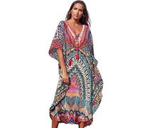 Jarseila Damen Boho Kaftan Strandkleid Maxi Langes Sarong Pareo Vertuschungen Blumenmuster Sommerkleid Strand Bikini Cover Up Beach Dresses #B-Exotisches Rosa