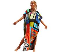 Jarseila Damen Boho Kaftan Strandkleid Maxi Langes Sarong Pareo Vertuschungen Blumenmuster Sommerkleid Strand Bikini Cover Up Beach Dresses #E-Rot im Mondrian-Stil