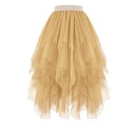 JasGood Damen Tüllrock High Low Layered Unregelmäßig Tüll Rock Damen A-Linie Midirock Ballett Tutu Abschlussball Karneval Party Rock,Champagner,XL
