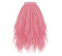 JasGood Damen Tüllrock High Low Layered Unregelmäßig Tüll Rock Damen A-Linie Midirock Ballett Tutu Abschlussball Karneval Party Rock,Rosa,XXL