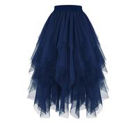 JasGood Damen Tüllrock High Low Layered Unregelmäßig Tüll Rock Damen A-Linie Midirock Ballett Tutu Abschlussball Karneval Party Rock,Marineblau,S