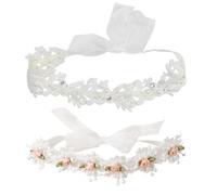 Jawfait 2 Stück 45,7-50,8 cm elegante weiße Blume Tauf-Stirnbänder für Baby Mädchen, elastische weiche Spitze mit niedlicher Tüllperle (Schneezahn Rose)