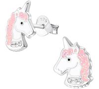 JAYARE Einhorn Kinder-Ohrstecker 925 Sterling Silber Glitzer Kristalle 11 mm rosa-pink weiß Mädchen-Ohrringe Kinder-Schmuck