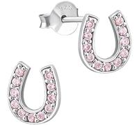 JAYARE Kinderohrringe Silber 925 Mädchen Ohrstecker - Hufeisen Glücksbringer - mit 22 rosa Zirkonia Kristallen - Kinder Pferde Ohrringe