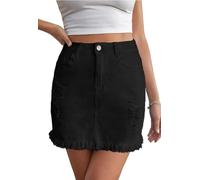 JayscreateEU Damen Sommerrock Jeansrock Enger Minirock Mit Tasche Hüftrock A-Linie Mit Taschensaum Und Fransen, Schwarz, L