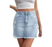 JayscreateEU Damen Sommerrock Jeansrock Enger Rock Minirock mit Tasche Hüftrock A-Linie Rock mit Taschensaum Rock mit Fransen,Blau,XXL