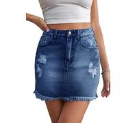JayscreateEU Damen Sommerrock Jeansrock mit Tasche Hüftrock Minirock A-Linie Rock mit Fransen, Blau, M