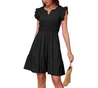 JayscreateEU Sommerkleid blusenkleid Elegantes Kleid Damen V-Ausschnitt Kurzarm mit Taschen Tunika Kleid a Linie wickelkleid Sun Dress for Women，Schwarz，L