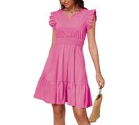 JayscreateEU Sommerkleid blusenkleid Elegantes Kleid Damen V-Ausschnitt Kurzarm mit Taschen Tunika Kleid a Linie wickelkleid Sun Dress for Women，Rosa，S