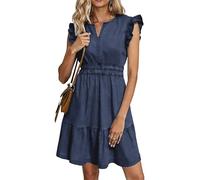 JayscreateEU Sommerkleid Jeanskleid Blusenkleid Elegantes Kleid Damen V-Ausschnitt Kurzarm mit Taschen a Linie wickelkleid