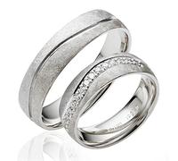 JC Trauringe 2x 585 Gold Weißgold I Eheringe mit kostenloser Gravur I Verlobungsringe 5,5mm breit inkl. Etui-Box I Herren-Ring ohne & Damen-Ring mit Zirkonia-Steinen I Gr. 48 bis 72 I J139S