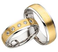 JC Trauringe 925er Sterling Silber Gold Plattiert Paarpreis I Ehe-Ringe bi-color mit kostenloser Gravur I Verlobungsringe 6 mm breit inkl. Etui-Box I Damen-Ring mit 5 Steinen I Gr. 48 bis 72 I JC012
