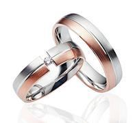 JC Trauringe 925er Sterling Silber Rose-Gold Plattiert Paar-Preis I Ehe-Ringe bi-color mit kostenloser Gravur I Verlobungsringe 6 mm breit inkl. Etui-Box I Damen-Ring mit Stein I Gr. 48 bis 72 I LC04
