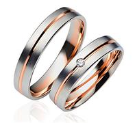 JC Trauringe Gold 333 Paarpreis Bicolor Rotgold und Weißgold I Eheringe breit 4,5 mm I Partnerringe mit Gravur in edler Schatulle I 2 Hochzeitsringe Herrenring ohne & Damenring mit Stein C062