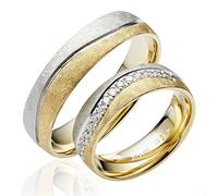 JC Trauringe Gold 585 Paarpreis Bicolor Gelbgold und Weißgold I Eheringe breit 5,5 mm I Partnerringe mit Gravur in edler Schatulle I 2 Hochzeitsringe Herrenring ohne & Damenring mit Stein J139S