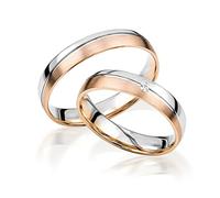 JC Trauringe Gold 585 Paarpreis Bicolor Rotgold und Weißgold I Eheringe breit 4 mm I Partnerringe mit Gravur in edler Schatulle I 2 Hochzeitsringe Herrenring ohne & Damenring mit Stein I J163