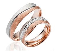 JC Trauringe Gold 585 Paarpreis Bicolor Rotgold Weißgold 5,5 mm I Partnerringe mit Gravur in edler Schatulle I 2 Hochzeitsringe breit Herrenring ohne & Damenring mit Stein I J139S