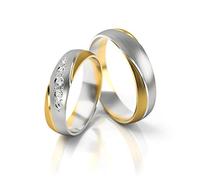 JC Trauringe Gold 750 Paarpreis Bicolor Gelbgold Weißgold I Eheringe breit 5 mm I Partnerringe mit Gravur in edler Schatulle I 2 Hochzeitsringe breit Herrenring ohne & Damenring mit Stein I PL302