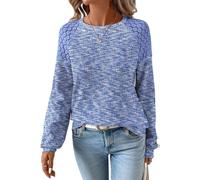 JDNH 2. Herbst Damen Strukturiertes Strick-Langarmshirt, bunte, bequeme Bluse, gemütlicher Stoff, langärmelige Oberteile, blau, S
