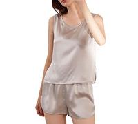 JDSHFEN 2-teiliges Pyjama-Set für Damen, 100% Reine Seide, Satin, Kurze Nachtwäsche, Nachtwäsche-Set für Frauen (Grau M)