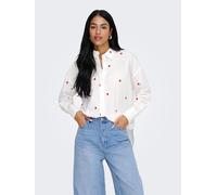 JDY Damen Langarm Bluse bestickte Hemdbluse mit Herzen JDYNelly Loose Shirt 15330490 White Heart Embroidery S